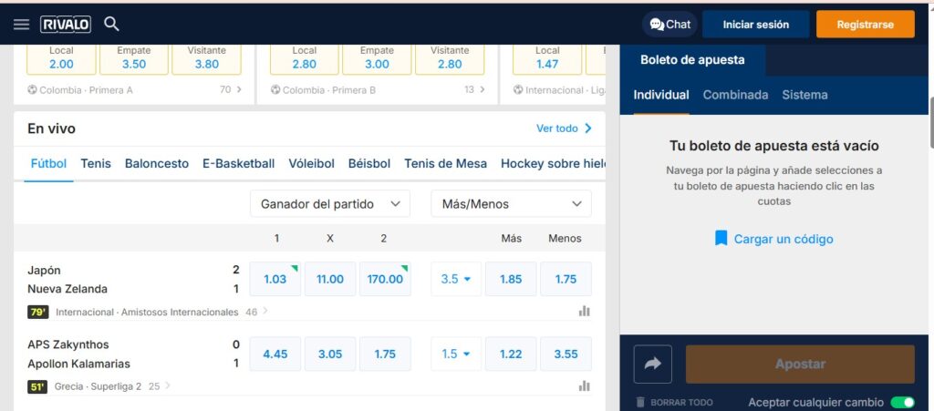 sección de apuestas deportivas rivalo colombia