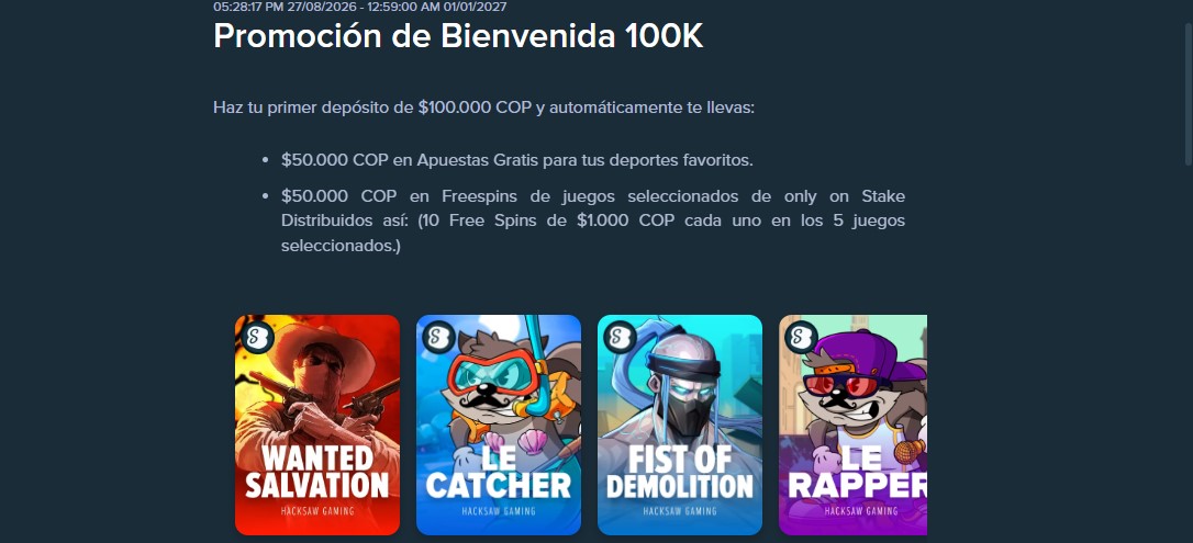 Captura de la promoción de bienvenida de Stake Colombia